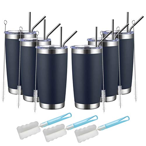 MUCHENGHY 20oz Insulated Tumbler Bulk Stainless Steel Cup 6 Pack Double Wall Vacuum Travel Coffee Mug with Lid and Straw Powder Coated Thermal Cup for Cold Drinks Hot Beverage Navy blue 6