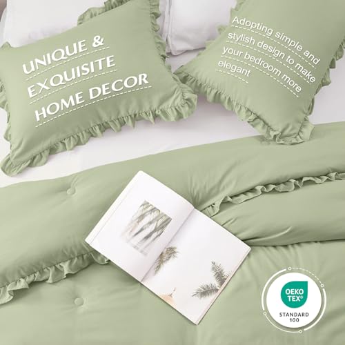 Image of HARBOREST Comforter Set Green - Fluffy Queen Ruffle Comforter Set for All Seasons, 3 Pieces Shabby Chic Bedding, Comforter and 2 Pillow Shams