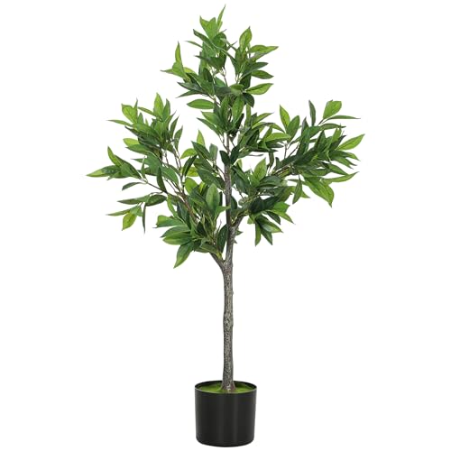 HOMCOM Lifelike Artificial Laurel Tree, 3FT Fake Tree with 345 PEVA Leaves and Flocked Soil, Potted...