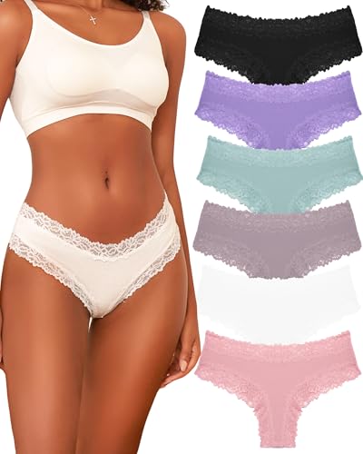FINETOO Womens Cotton Underwear Sexy Lace Hipster Panties Soft Breathable Cotton Brazilian Bikini Ladies 6 Pack