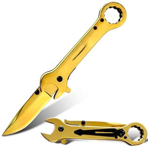 SISITECH Pocket Knife Unique Utility Folding Knife with 14mm and 17mm wrenchs Titanium plated Great Gift EDC Knife For Daily Work Outdoor Camping (gold)