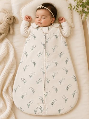 Image of TuddyBuddy Baby Cotton Wearable Quilted Sleeping Bag Blanket 1.5 Tog with 1 Way Zipper Closure | Ideal for Babies & Kids Hypoallergenic Fabrics | (Green Tulips AOP - Beige, 6-12 Months)