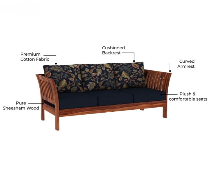 Image of Solid Sheesham Wood 3 Seater Sofa Set with Cushion | Wooden Three Seater Sofa for Home Bedroom Living Room Hall and Office (Honey Finish)