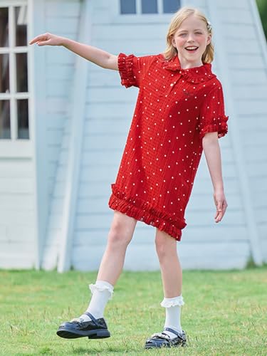 Girls Dresses,Red Ruffle Trim Dress with White Floral Polka Dots - Casual Party Dress for Girls & Tweens 6-16Y3