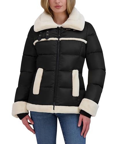 Laundry Women's Satin Puffer Jacket With Faux Fur Trim, Black, Large