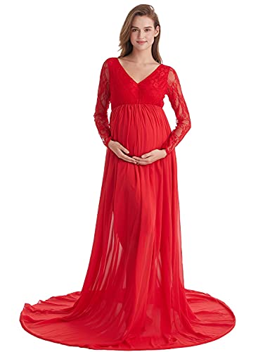 AYMENII Vestido de fiesta de maternidad con cuello en V de manga larga de encaje de costura de gasa para sesión de fotos de bebé ducha, rosso, M Cover