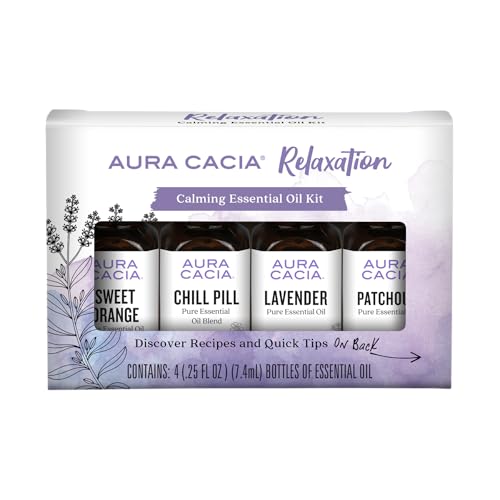 Aura Cacia Essential Oil Relaxation Kit 4-Pack Lavender Patchouli Sweet Orange Chill Pill