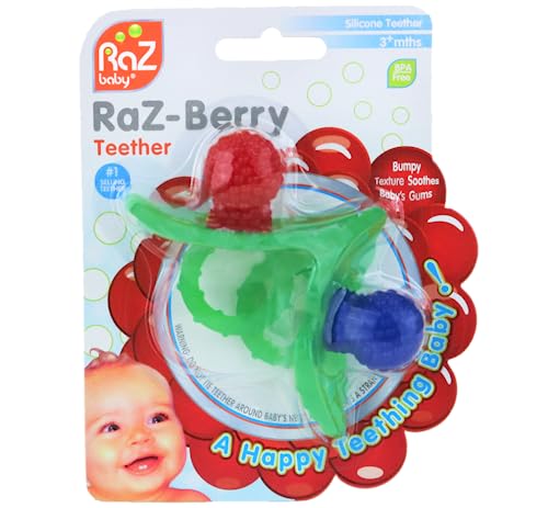 Razbaby Razberry Silicone Baby Teether Toy (2-Pack) - Berrybumps Soothe Babies Sore Gums - Infant Teething Toy - Hands Free Design - Bpa Free - Easy-To-Hold Design - Teething Relief Pacifier Red&Blue #TOP2
