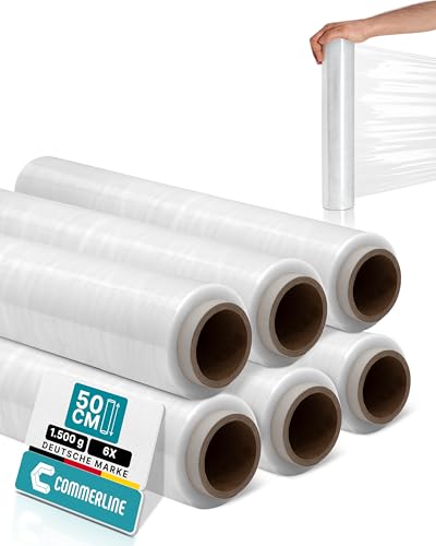 Commerline Stretchfolienrolle-Wickelfolie | 50 cm 1500 g, 6 Rollen | Transparent Stretchfolie | Umzugsfolie, Möbel Folie, Palettenfolie, Verpackungsfolie