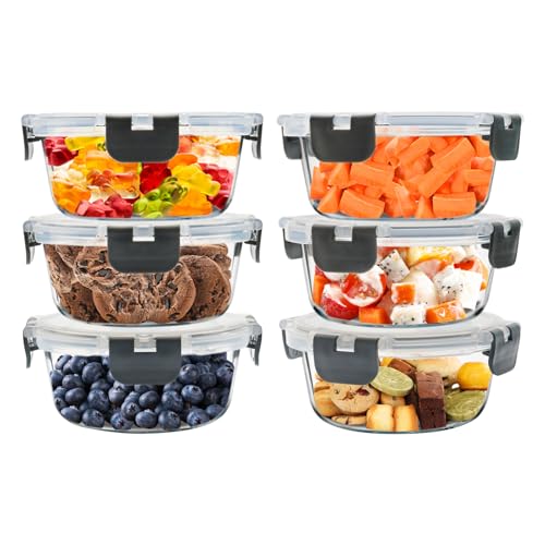 SOACOAKO 6Pack 13oz Glass Meal Prep Containers, Small Round Glass Food Storage Containers Sets with Snap Leak Proof Lids for Microwave, Freezer and Dishwasher Safe (Grey, 13oz)