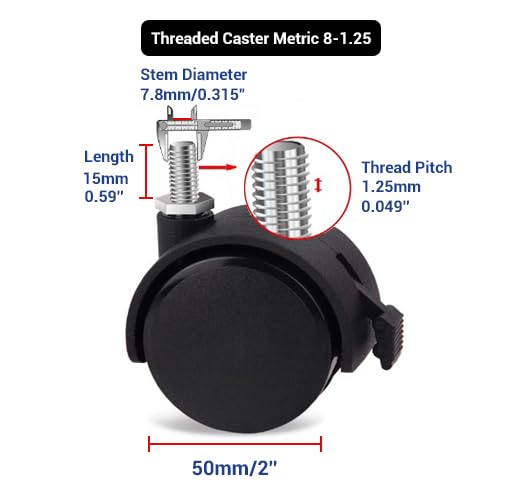 Guildrey Threaded Caster, M8-1.25 Swivel Stem for Replacement Set of 4, Twin Caster Wheels with Locking Brake - Image 2