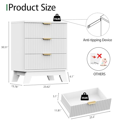 Image of Fluted Dresser for Bedroom with 3 Drawers, 24 inch Wide Modern Chest of Drawers with Metal Handle, Wooden Dresser TV Stand, Wood Closet Clothes Storage Drawer Organizer for Living Room, Hallway, White