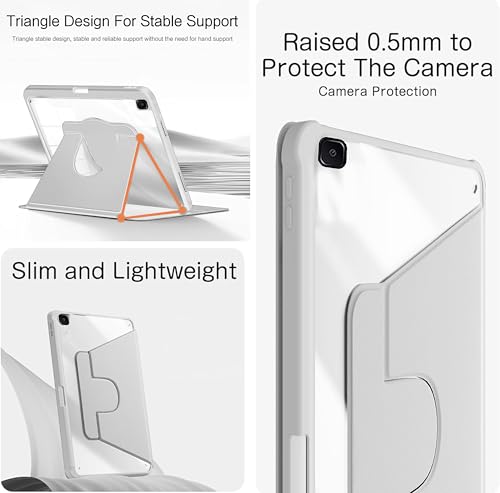 Image of TGK Rotating Case for Samsung Galaxy Tab S6 Lite 10.4 inch SM-P610 P615 P613 P619 with Pencil Holder Trifold Stand Cover Clear Back (Grey)