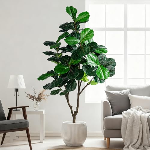 Image of Erimda Artificial Fiddle Leaf Fig Tree 6ft with White Planter Realistic Fiddle Leaf Lyrata Plant Tall Fake Tree with Natural-Looking Leaves Fake Tree for Indoor Outdoor Home Office Decor