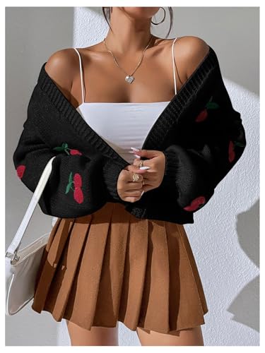 Image of GORGLITTER Women's Cherry Cropped Cardigan Sweaters Open Front Long Sleeve Cute Chunky Knit Short Cardigan Trendy