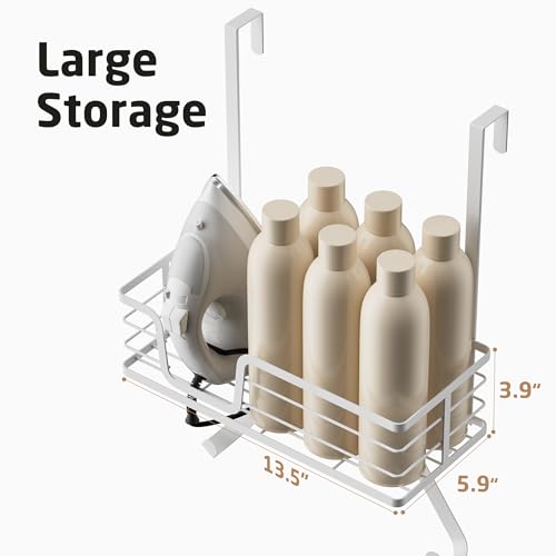 KES Bügelbretthalter Tür Hängen Bügeleisenhalter Bügelbrett Aufhänger Bügelbrett Halterung ohne Bohren mit Korb für T Form Weiß, HIR500A-WH