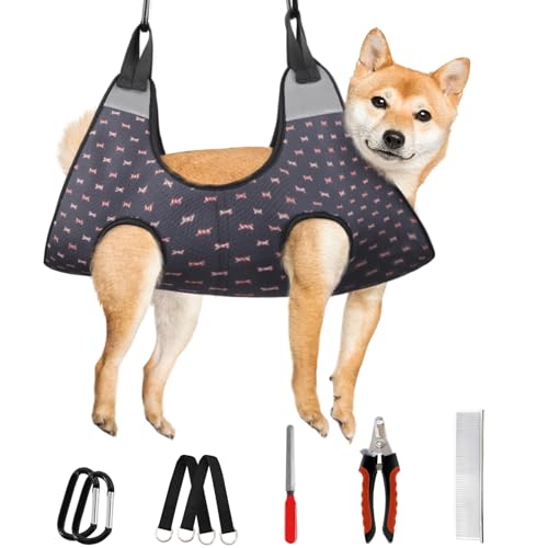 Image of Supet Dog Grooming Hammock Harness for Dogs Cats, Relaxation Pet Nail Clipper Hammock, Restraint Dog & Large Animal Leashes Sling for Groomingk for Nail Trimming (Black Currant, XL)