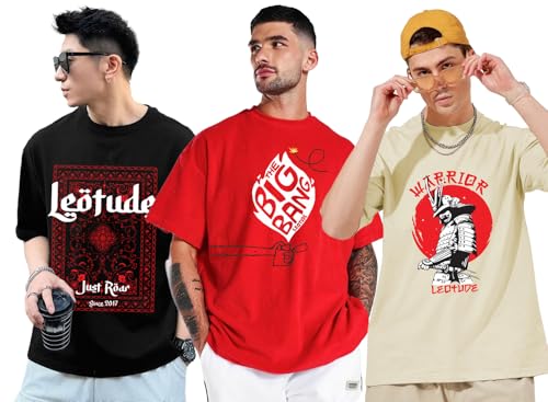 Image of LEOTUDE Men's Cotton Trendy Oversized Round Neck Printed T-Shirt Combo (Pack of 3)
