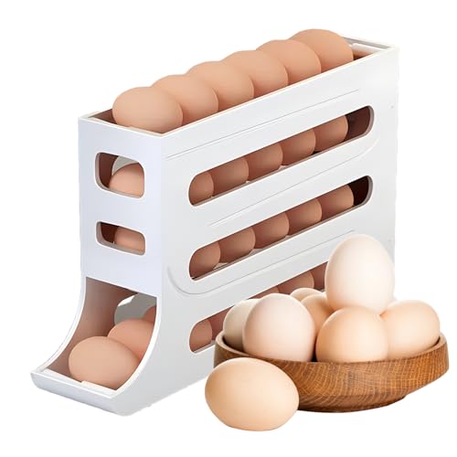 Haiaoxonr Automatic Rolling Egg Storage For Refrigerator, Fridge Organizer, Space Saving Refrigerator Egg Holder For Fridge ,Holds 28 Egg Storage，for Refrigerator,Kitchen,Cabinets,Tabl (White)