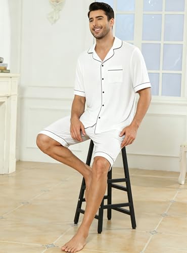 Image of Veseacky Men's Button Down Pajama Set Short Sleeve Shorts Modal Soft Sleepwear Loungewear Pjs with Pockets S-XXL