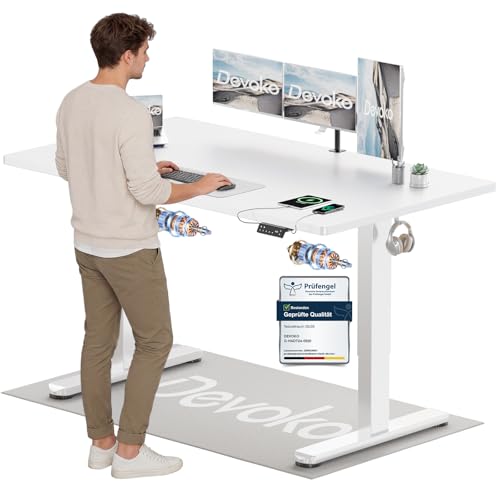 Devoko Höhenverstellbarer Schreibtisch mit 2 Motoren，25mm Einteilige Tischplatte, 160x80 cm Elektrisch Computertisch mit Kabel Management, weiß - Perfekte Ergonomie für Dein Büro