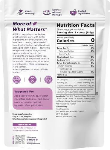 Image of Micro Ingredients Electrolytes Powder, 1lb (69 Servings) | Sugar Free | Sweet Concord Grape Flavor | 1,000 mg High Potassium Hydration Drink Mix | Keto Friendly, Non-GMO