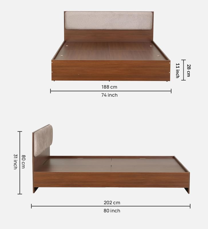 Image of Mintwud Pepperfry Solid Engineered Wood Kawasaki King Size Bed with Upholstered Headboard | Wooden Palang Without Storage | Ideal Furniture for Living Room, Bedroom, Hotel (Planked Walnut Finish)