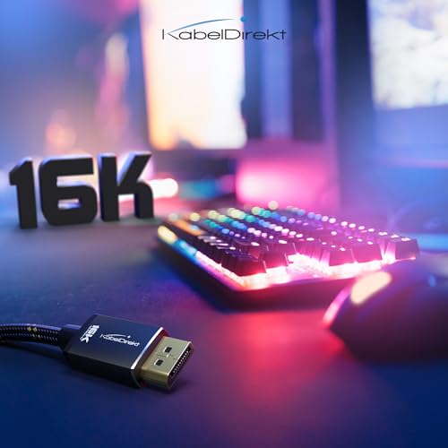 KabelDirekt – DisplayPort 2.1 Cable/16K DP 2.1 Cable – 16ft – Nylon braiding + Break-Proof Metal connectors, DP80 with 80Gbps for Gaming PC/Monitor, FreeSync/G-Sync, for 16K@60Hz, 8K@120Hz, 4K@240Hz