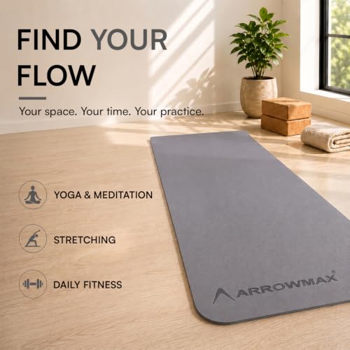 Image of Arrowmax 4mm Yoga Mat with Carry Cover for Men & Women, Anti-Skid Exercise Mat for Yoga, Pilates, Meditation, Stretching & Home Workout, Lightweight Portable Fitness Mat (GREY)