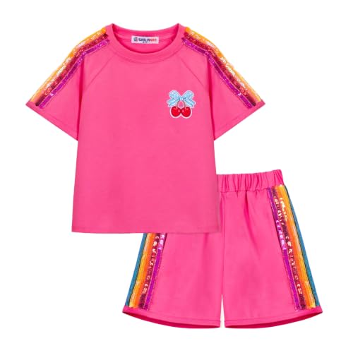 Image of WELAKEN Girls 2 Piece Outfit Kid Toddler Heart & Rainbow Sequin Striped T-shirt and Shorts Clothing Set
