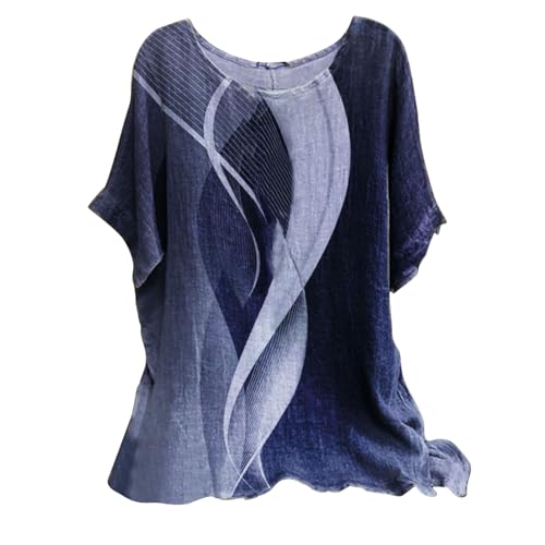 Tunika damer sommarklänning boho lös blus damer kortärmade eleganta damblusar sommar rund hals blus damer färgglada toppar & skjortor för gravida linne bomull skjorta toppar skjorta, Blau2, 3XL