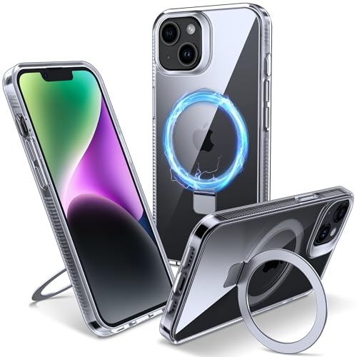 Flyzoo Funda Magnética Kickstand para iPhone 14 Plus de Invisible Anillo, [Soporte Incorporado] Carcasa Transparente de Duro PC Silicona Borde de Protección de la Antigolpes, 6.7'', Clear