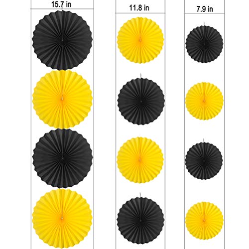 Image of MOWO Black Yellow Paper Fans Hanging Decoration, 12pc | Bee Honey Baby Shower Gender Revealbirthday graduation wedding retirement baby shower new year party decoration