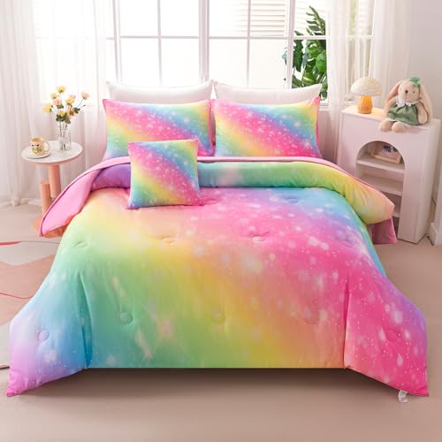 Dozrmey 6Pcs Twin Size Comforter Set for Girls Kids Gradient Rainbow Glitter Girls Bedding Set with Sheets Soft & Breathable Kids Bed for Gift Bedroom Decor