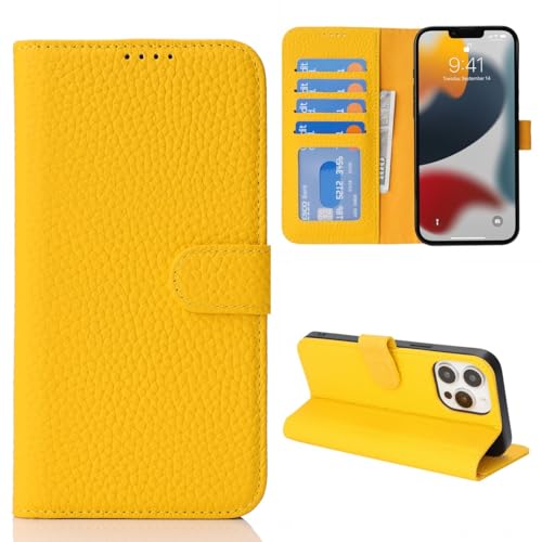 Housse iPhone 13 Pro jaune en cuir pour voyager léger avec vos cartes bancaires