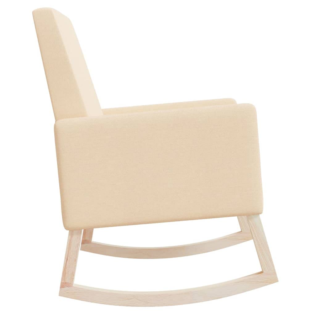 Elegante sillón mecedora con funda de tela en color crema, estructura de madera con reposabrazos para una comodidad óptima, sillón relajante duradero para leer y relajarse