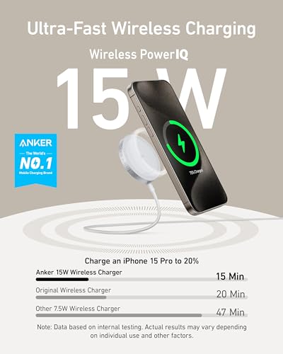 Image of Anker MagSafe Charger Pad Compatible, MagGo iPhone 16 Wireless Charging Pad, Qi2 Certified 15W Wireless Charger for iPhone 16 /16 Plus /16 Pro /16 Pro Max /15 /14 /13 /12 Series (White, No Adapter)