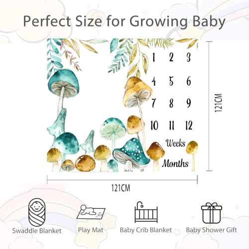 Image of Mushroom Theme Baby Monthly Milestone Blanket, Soft Flannel Watercolor Spring Tropical Eucalyptus Leaves Botanical Photography Prop Newborn Baby Shower Age Growth Tracker (Teal Mustard, 48x48in)