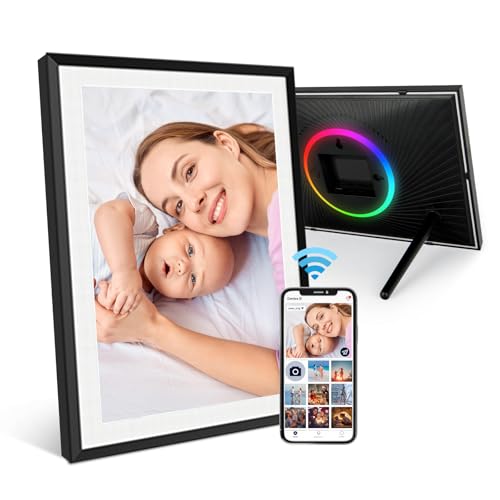 Cadre Photo Numérique 10,1' avec Lumière LED, Mémoire 32G, 1280 x 800 IPS Écran HD,Automatique Musique Vidéo, Montage Mural, Partagez des Moments Instantanément Via AiMOR Partou