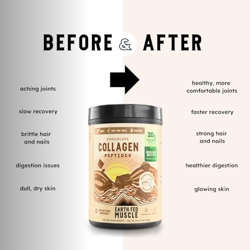 Image of Earth Fed Muscle Chocolate Collagen Peptides, Third-Party Certified. 20g Protein, Chocolate - Grass Fed, Non-GMO, Hormone Free, Gluten Free - Multi-Type - 19 Servings