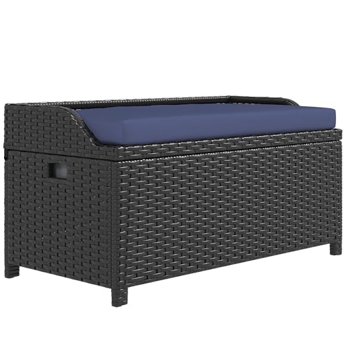 GOWE Outdoor Wicker Storage Bench Deck Box, PE Rattan Patio Furniture Pool Storage Bin Container with Interior Waterproof Cloth Bag and Comfortable Cushion, Navy Blue