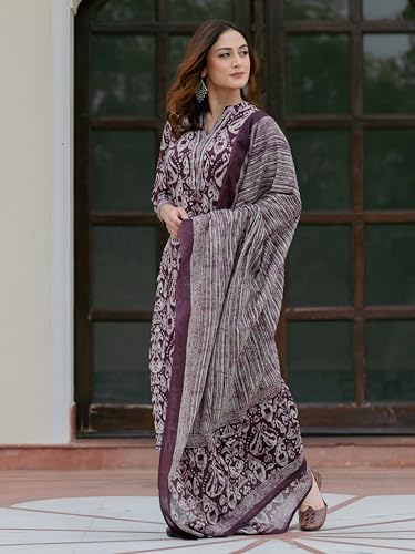 Image of Arayna Women's 100% Pure Cotton Ikat Printed Ethnic Straight Kurta Pant and Dupatta Set for Women