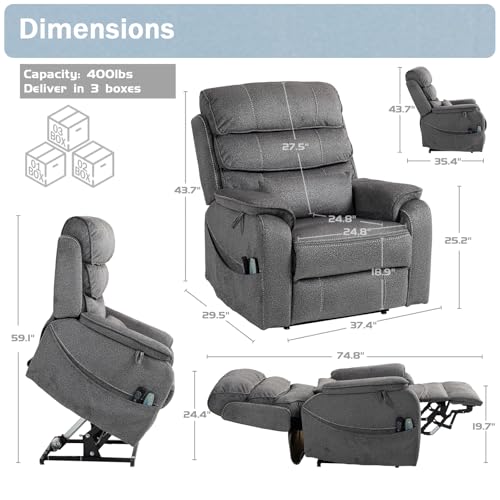 Power Lift Recliner Chair for Adults Elderly Lay Flat Velvet Recliners with Massage Heating, Extended Footrest, Wireless Charging Device, USB Ports, Cup Holder, Lumbar Pillow