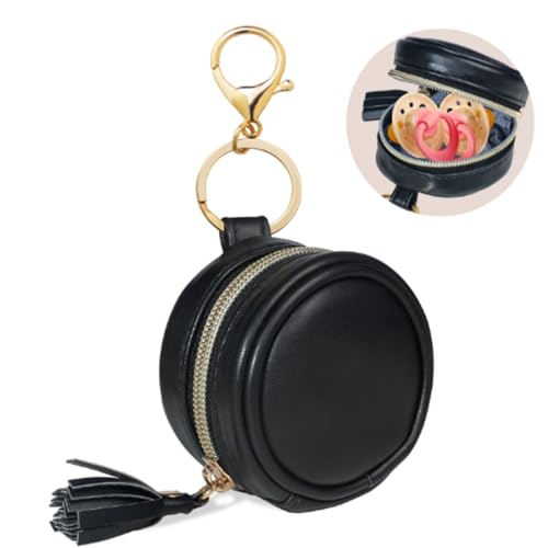 Image of Smlpuame Pacifier Holder Case with Clip,PU Leather Pacifier Charm pod with Clasp for Diaper Bag or Purse,Pacifier Pouch Hold 2 Pacifiers,Nipple Shield Case,Outdoor Travel Accessories(Black)