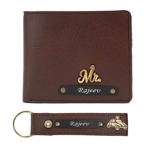 Customized Name Engraved Wallet & Keychain Combo for Men | Premium (2 in 1) Peronslied Gift Set for Husband, Boyfriend, Father, Brother on Birthday, Anniversary & Special Occasions (Brown)