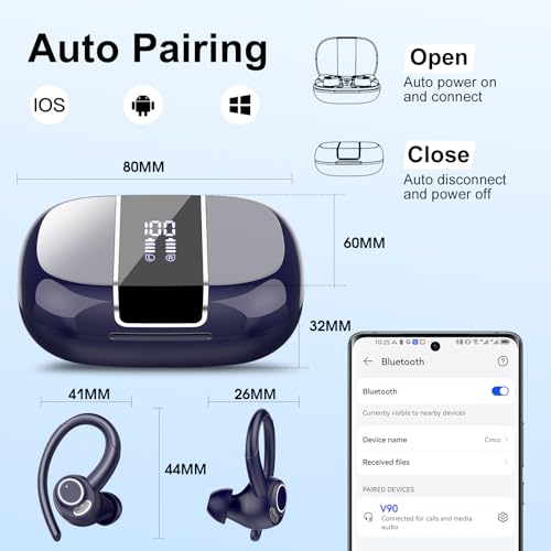 Image of Wireless Earbuds Bluetooth 5.3 Headphones Sports, 48H Over Ear Bud with ENC Mic, Stereo Deep Bass Bluetooth Earbud with Secure Earhooks, LED Display, IPX7 Waterproof Earphone for Running /Gym Deep Blue