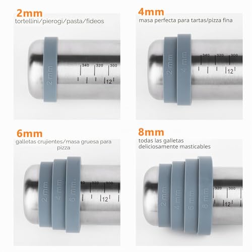 Miniatura 7 de Rodillo De Acero Inoxidable, Rodillo Masa De Metálicos Rolling Pins Con 4 Discos Ajustables Anillo Grosor, Para Fondant Pastelería, Pastas, Pizza
