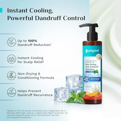 Image of Pilgrim Australian Tea Tree & Salicylic Acid Anti-Dandruff Shampoo with Cool Menthol | Up to 100% Dandruff Reduction*| Soothes Itchy Scalp | Non-Drying Formula | All Hair Types | For Men & Women (200ml)