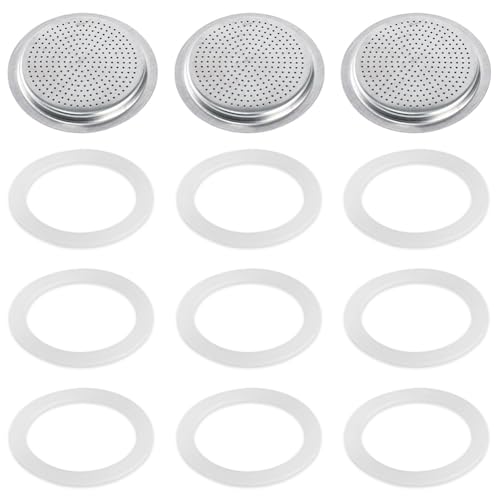 Espresso Moka Replacement Funnel Kits - 9 PCS Silicone Gaskets Seal Ring with 3 PCS Stainless Steel Filter Basket, Replacement Parts for Aluminium Stovetop Coffee Maker Pots