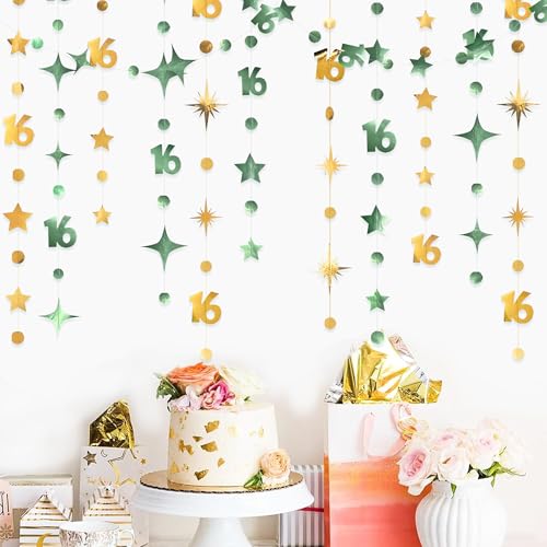Image of Sage Green Gold Number 16 Circle Dot Twinkle Star Garland Streamer Bunting Banner Backdrop Decorations for Girls Happy 16th Birthday Sweet Sixteen 16th Anniversary Cheers to 16 Years Party Decor